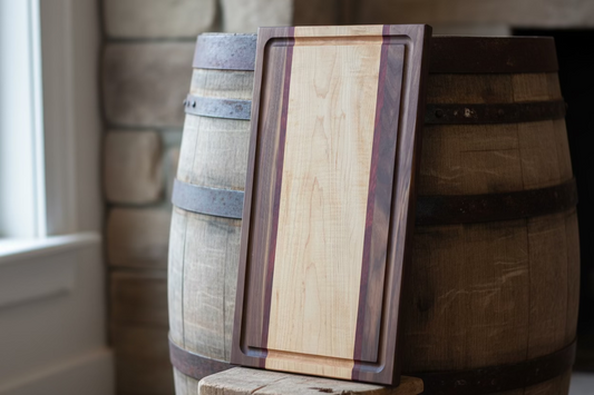 Wooden cutting board with a backdrop of a wine barrel.
