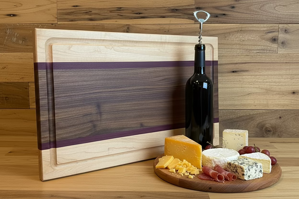 Walnut_purple_heart_and_maple cutting board with a bottle of wine in front of it and some cheese. 