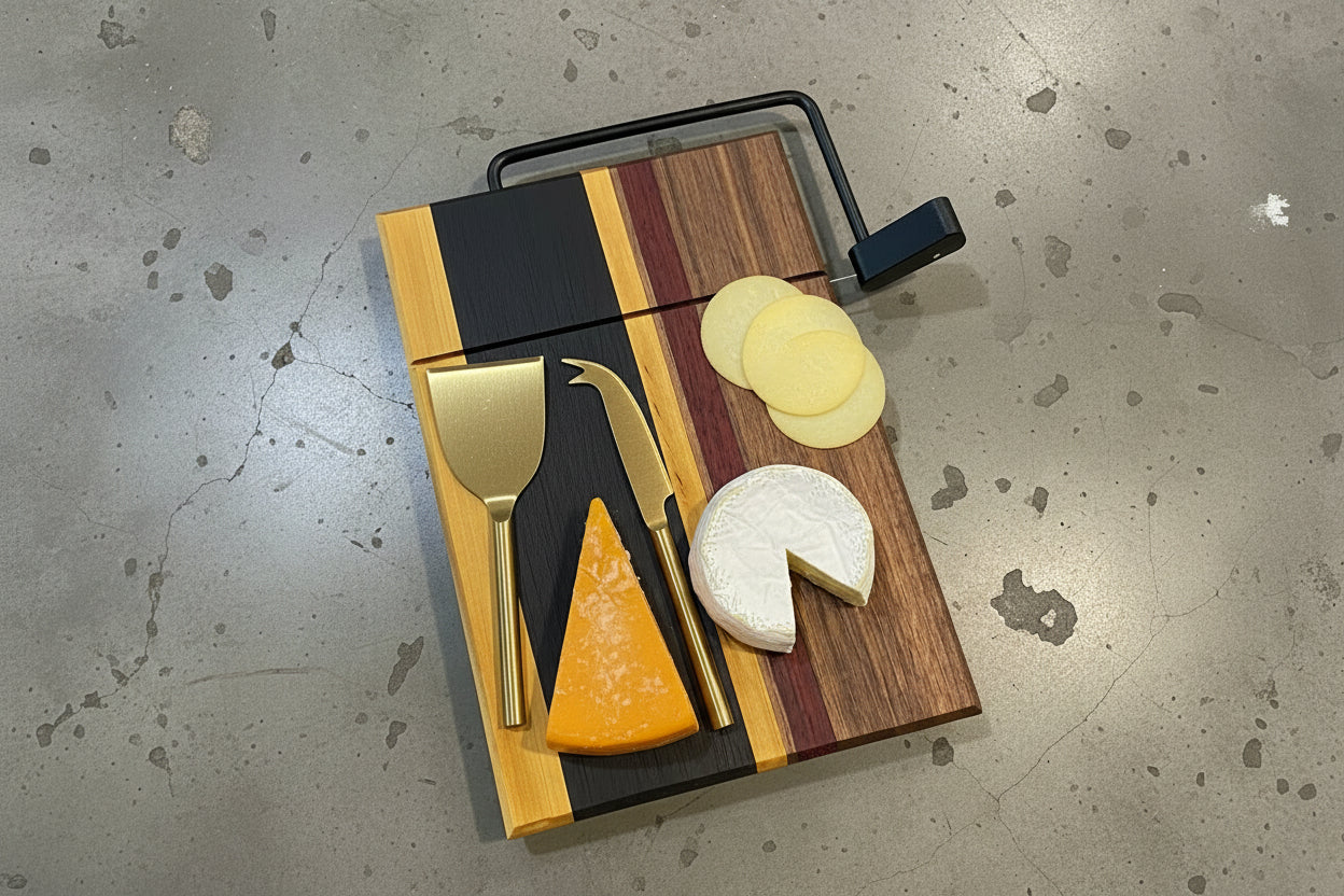 Cheese board with tools and sliced cheese on a concrete