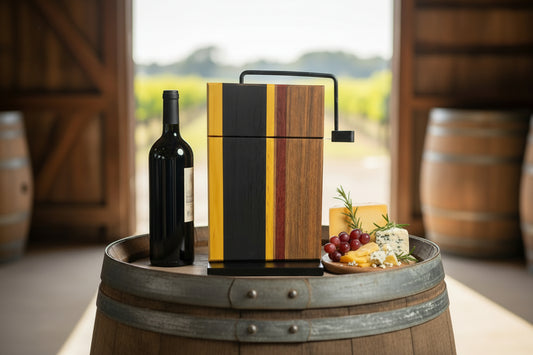 Wooden cooler with wine bottle and charcuterie board on a barrel in a vineyard setting