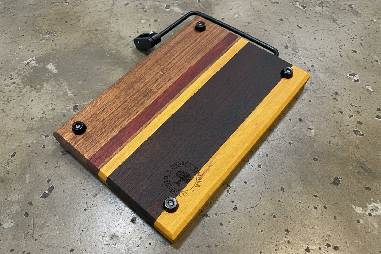 Wooden cutting board with black surface and yellow border on a concrete floor
