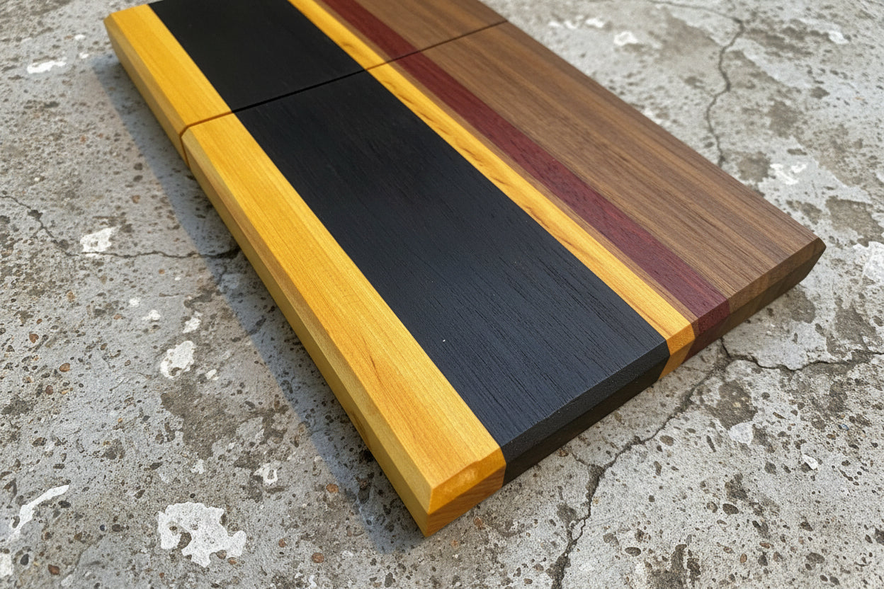 Wooden cutting board with black and yellow strip on a concrete surface
