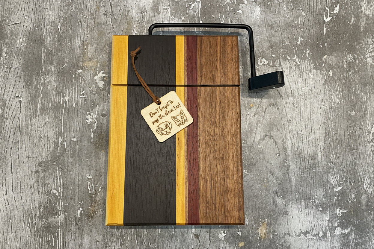Wooden cutting board with a knife holder on a textured surface