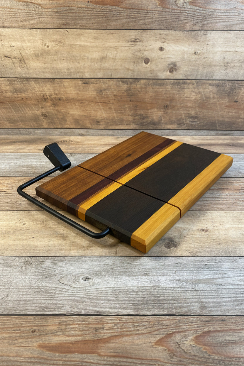 Wooden cutting board with a handle on a wood slat background