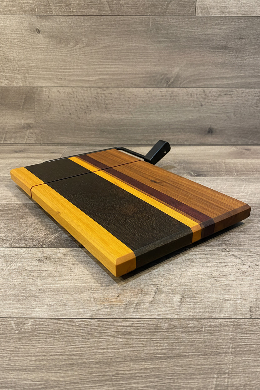 Wooden cutting board with a knife on a wood slat background
