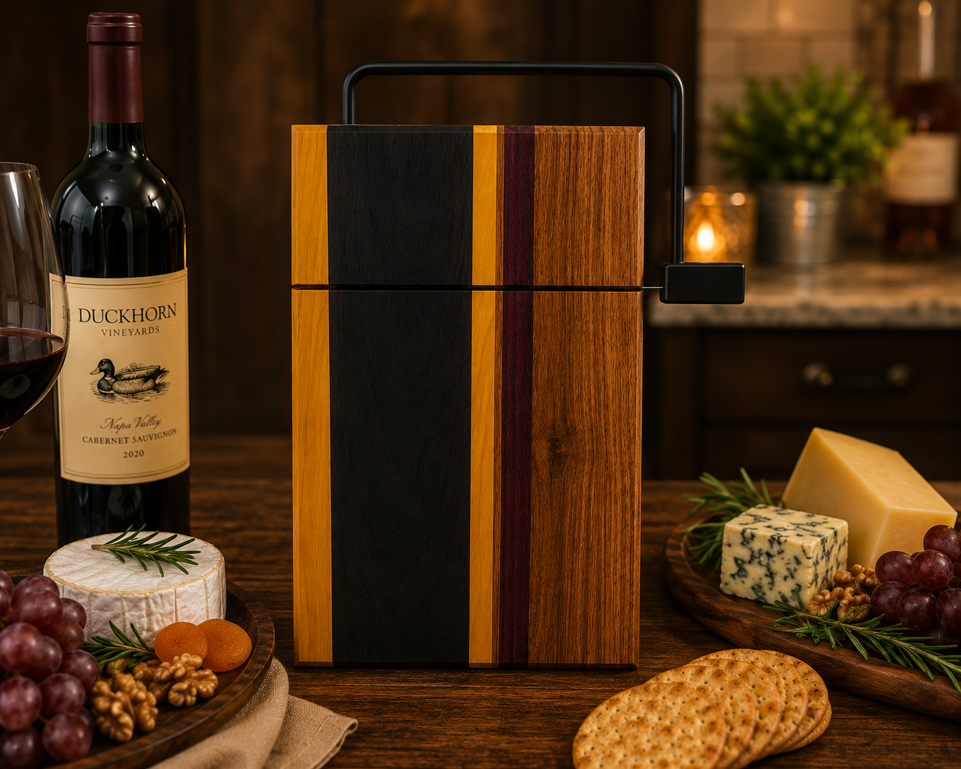 Wooden wine box with Duckhorn Vineyards bottle and wine glass on a wooden table.