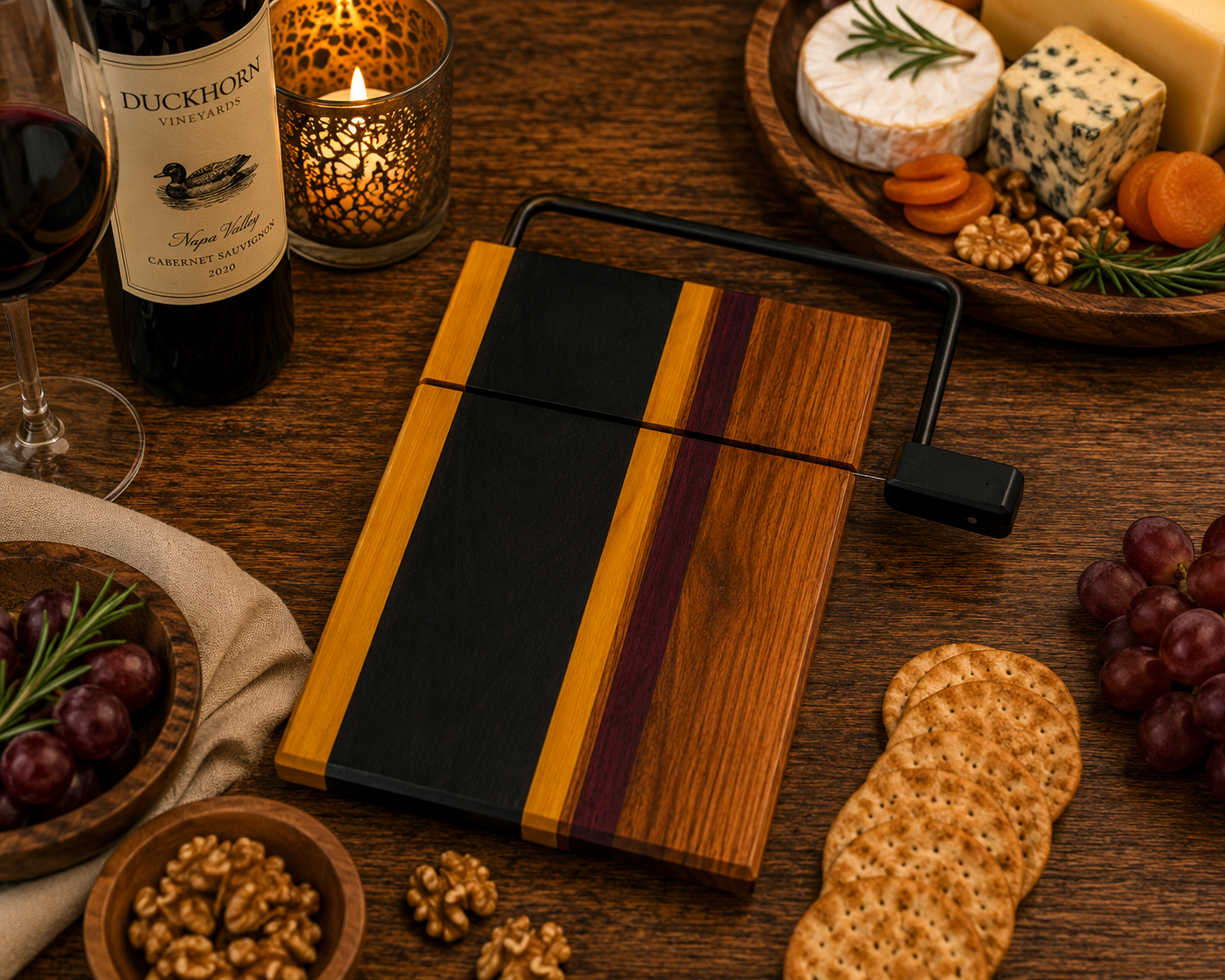 Wooden cheese board with black accents on a table with wine, cheese, and snacks.