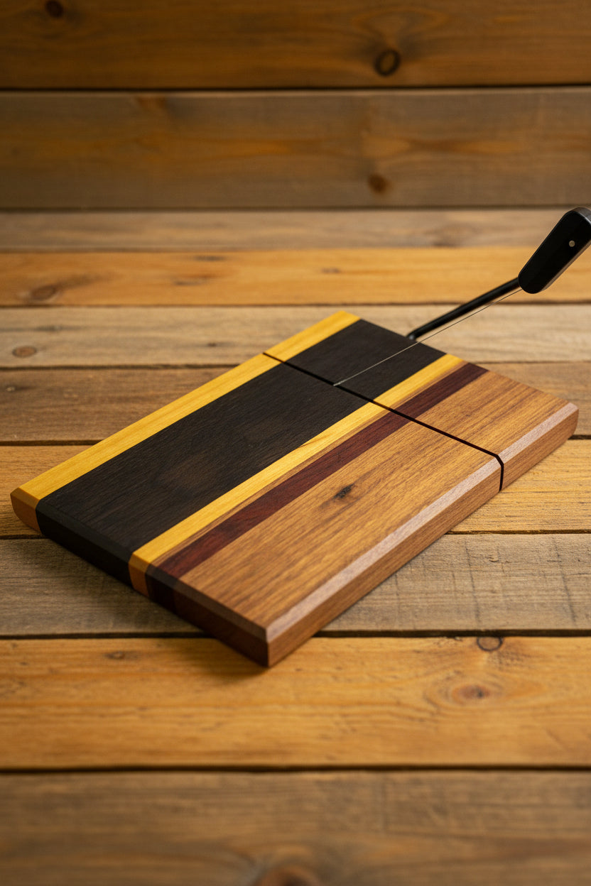 Wooden cutting board with black accents on a wooden surface