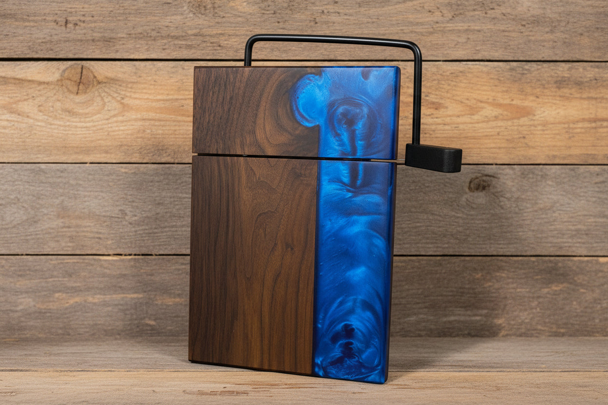 Blue cheese board with rustic wood background